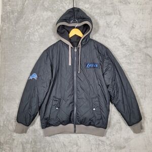 Vtg Pro Line NFL Detroit Lions Quilted Hooded Bomber Jacket Mens M Black Blue